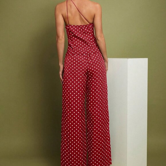 Burgundy Women's Polka Dot Print Sleeveless Top And Wide Leg Pants Set - Picture 2 of 7